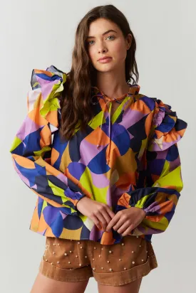 ABSTRACT NAVY ORANGE AND LIME POPLIN LONG SLEEVE BLOUSE