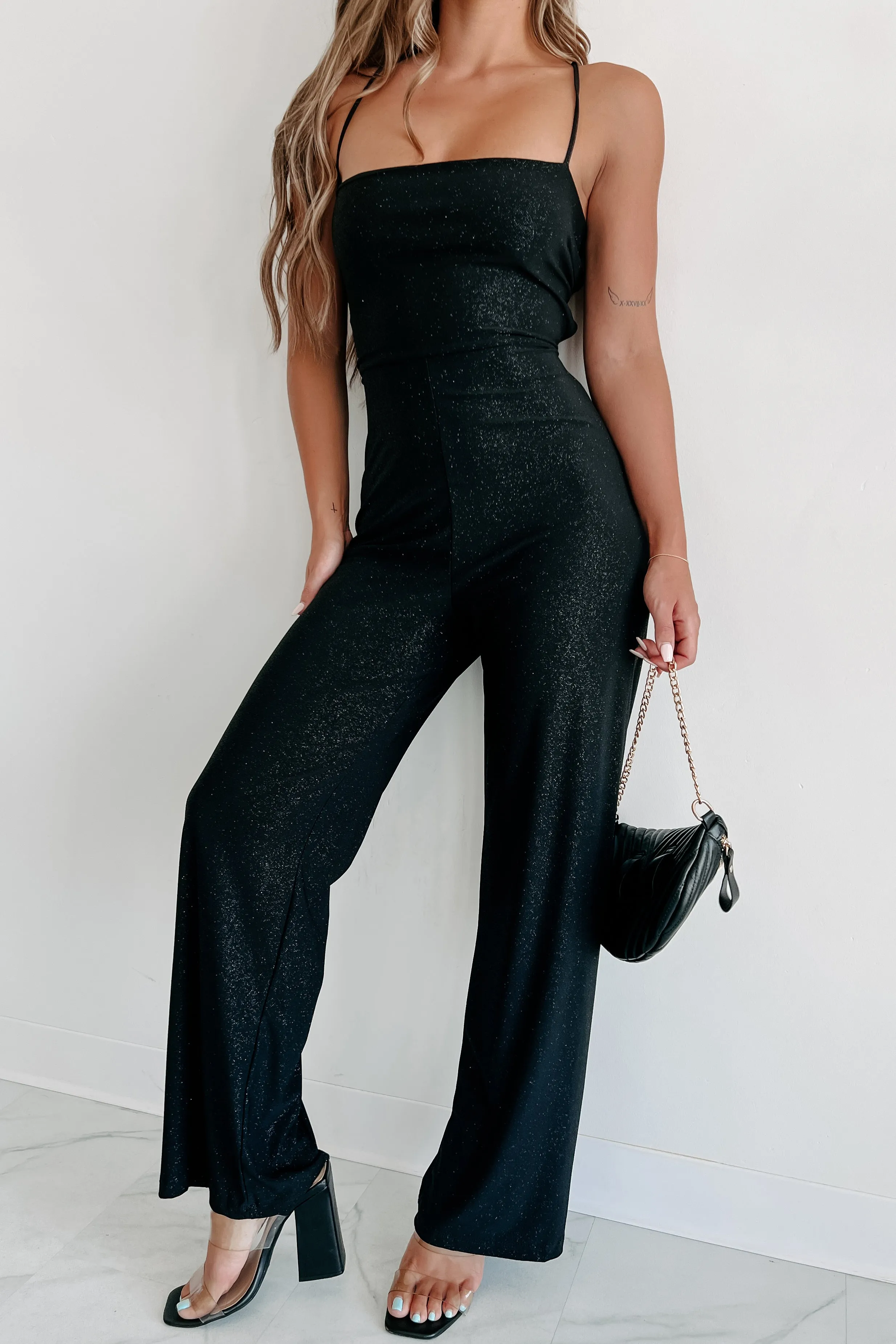 Accepting This Award Glitter Lace-Up Back Jumpsuit (Black)