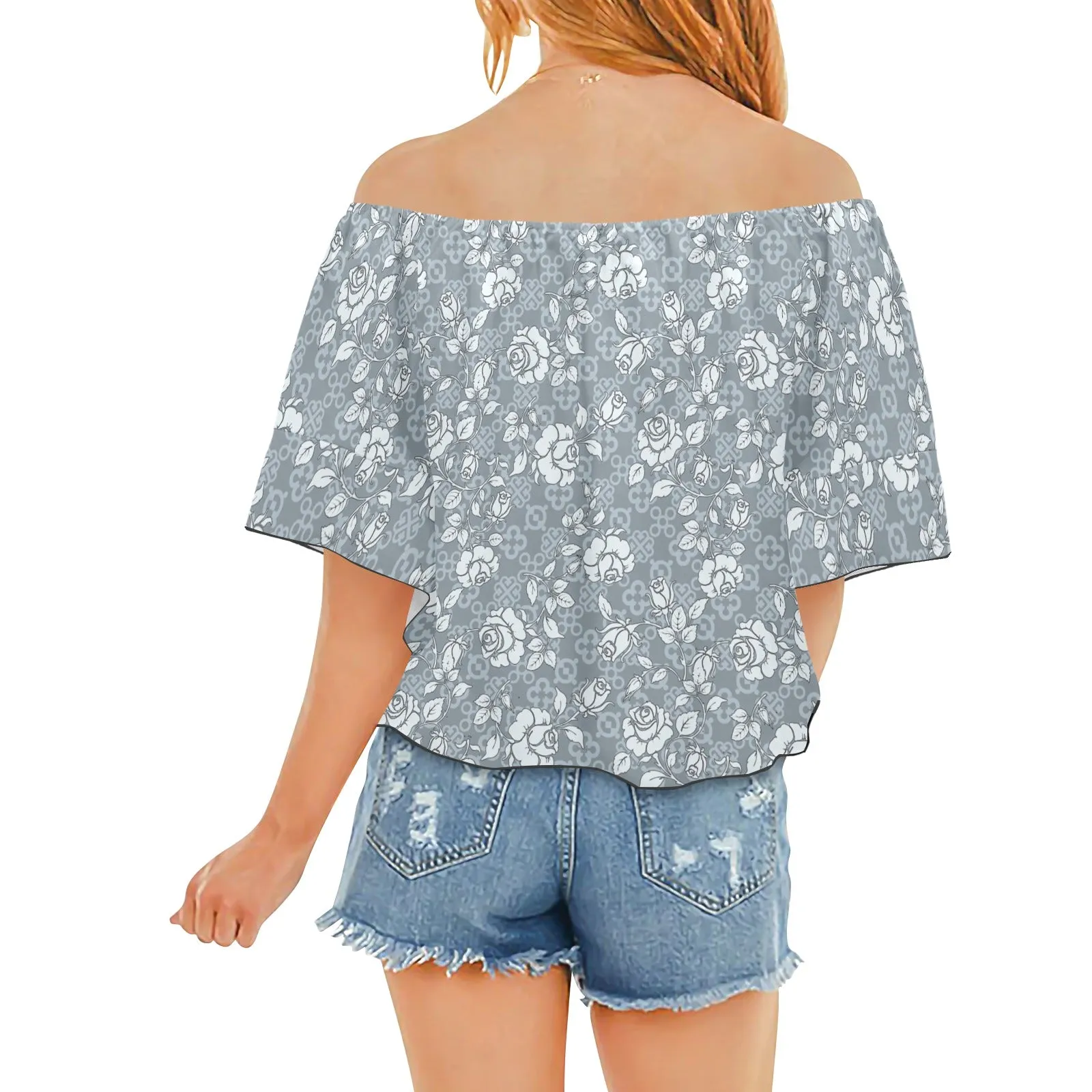 adinkra and roses gray print Off Shoulder Knot Front Blouse (Model T71)