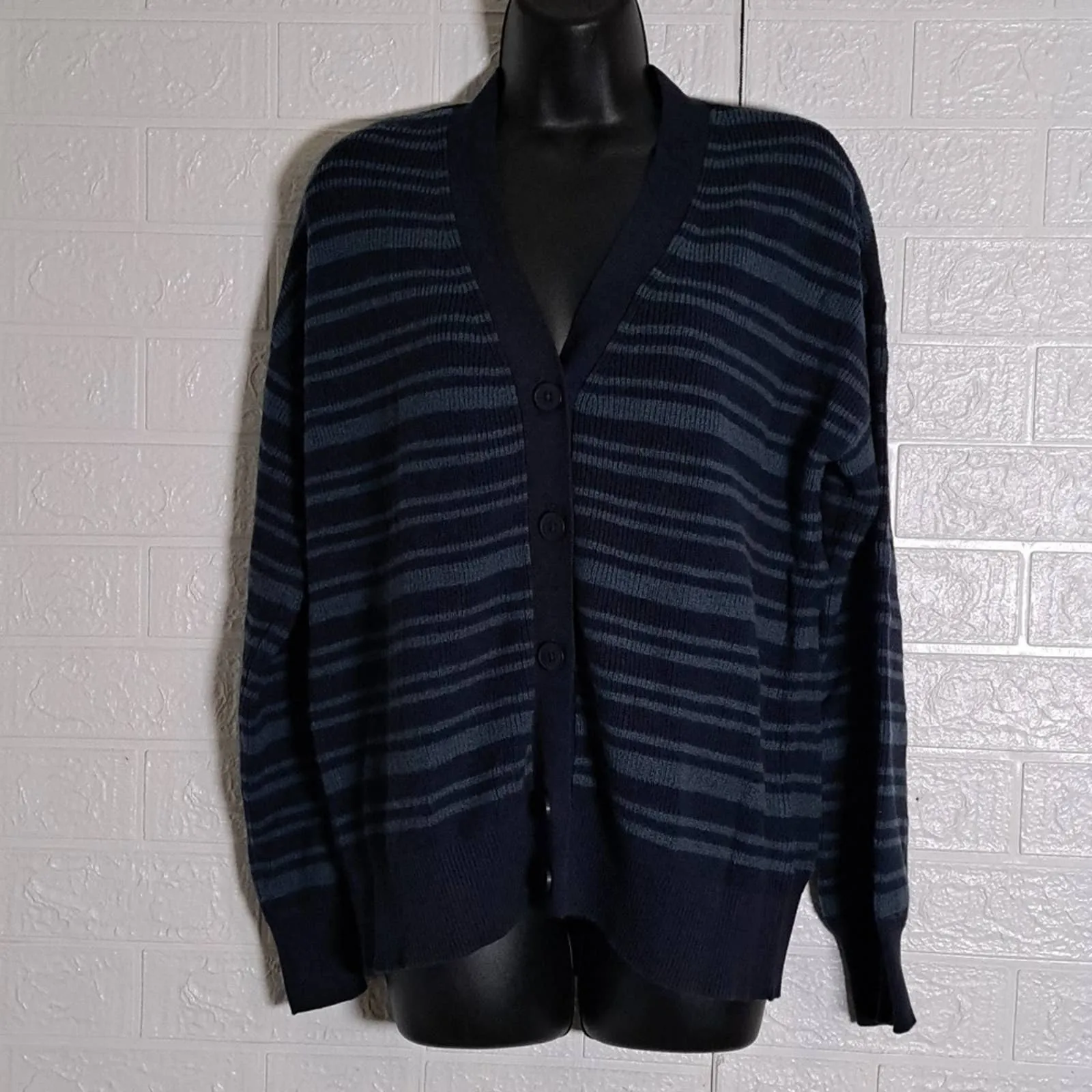 ALFANI Striped Button-Front Cardigan Sweater Large Navy