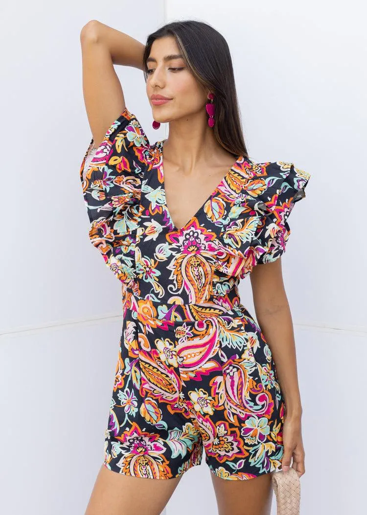 Allison Puff Sleeve Romper-Black