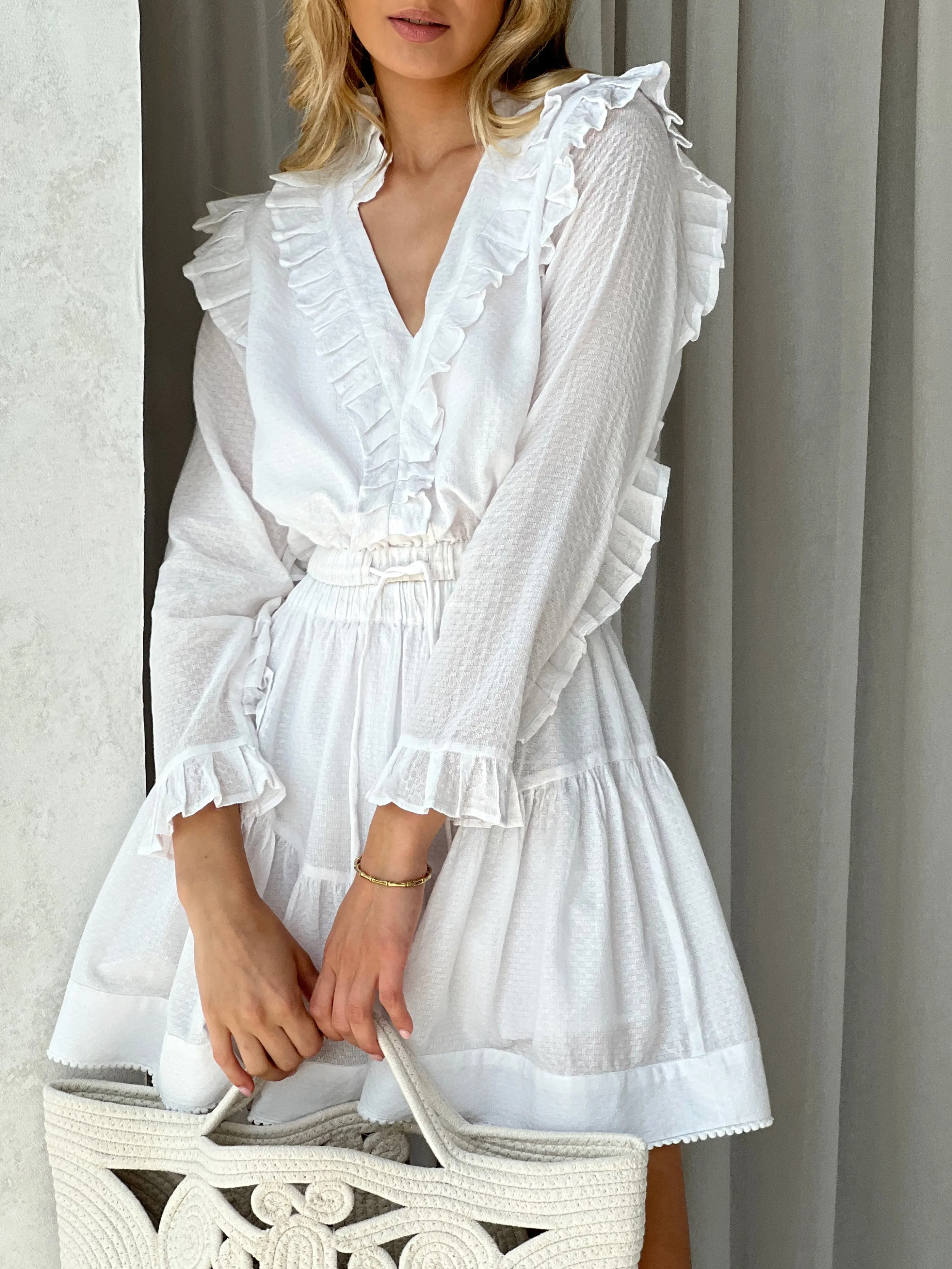 Anais Frill Cotton Textured Blouse | White 