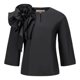 Ange Floral Shoulder Ruffle Cotton Blouse - Black