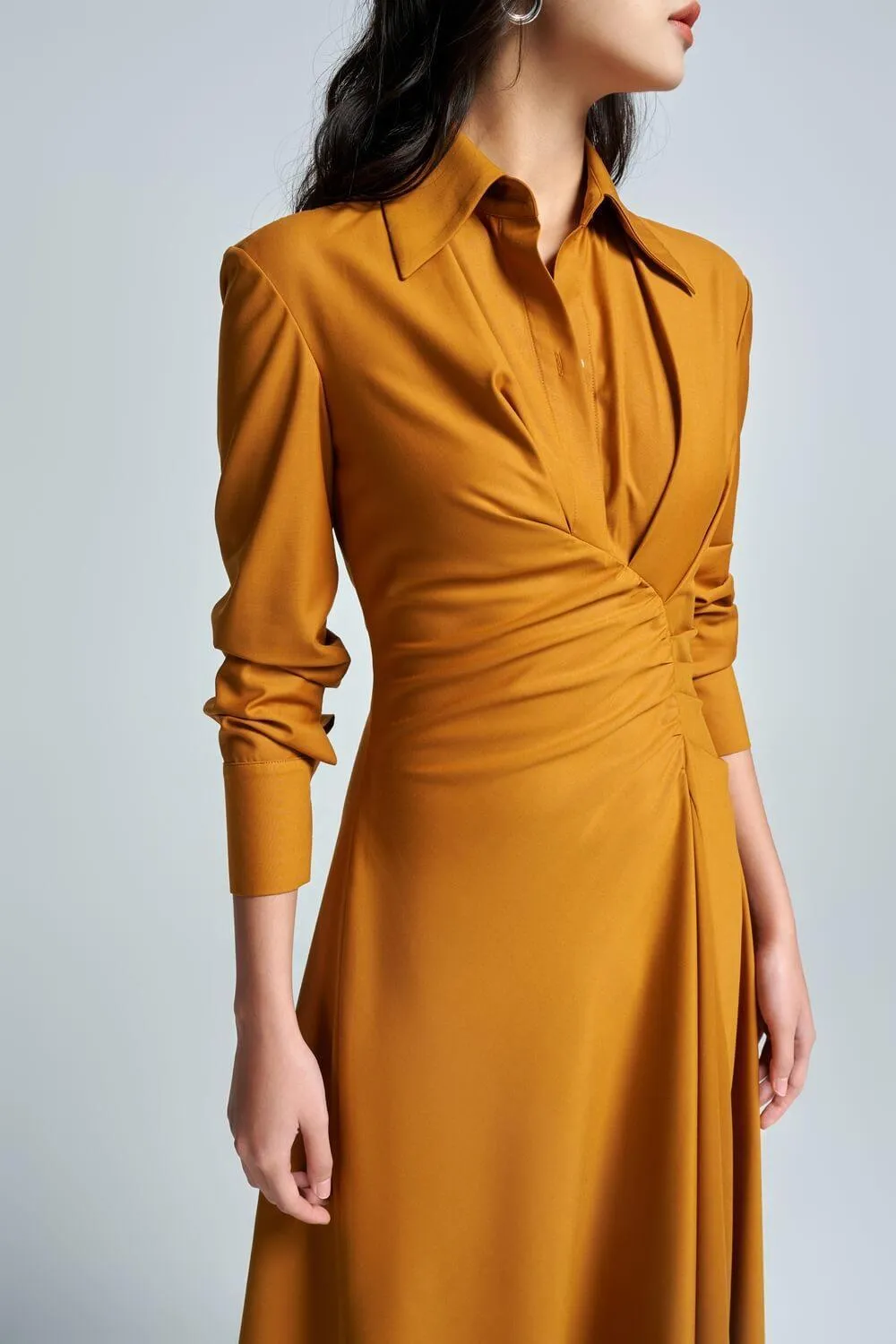 Anzu Shirt Cuff Sleeved Raw Fabric Midi Dress
