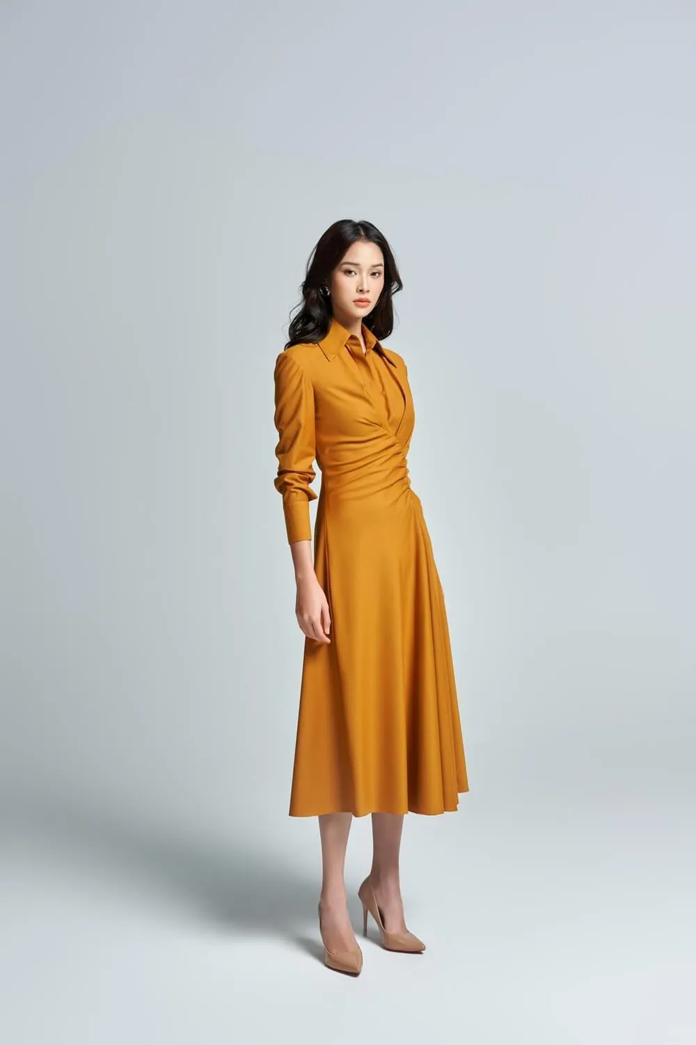 Anzu Shirt Cuff Sleeved Raw Fabric Midi Dress