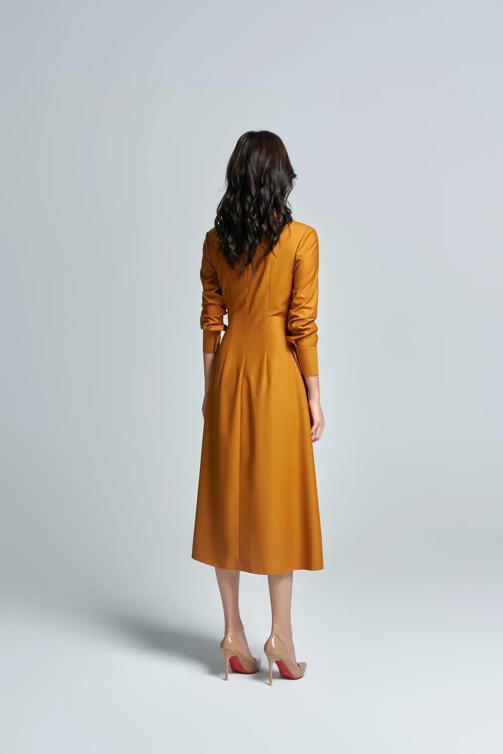 Anzu Shirt Cuff Sleeved Raw Fabric Midi Dress