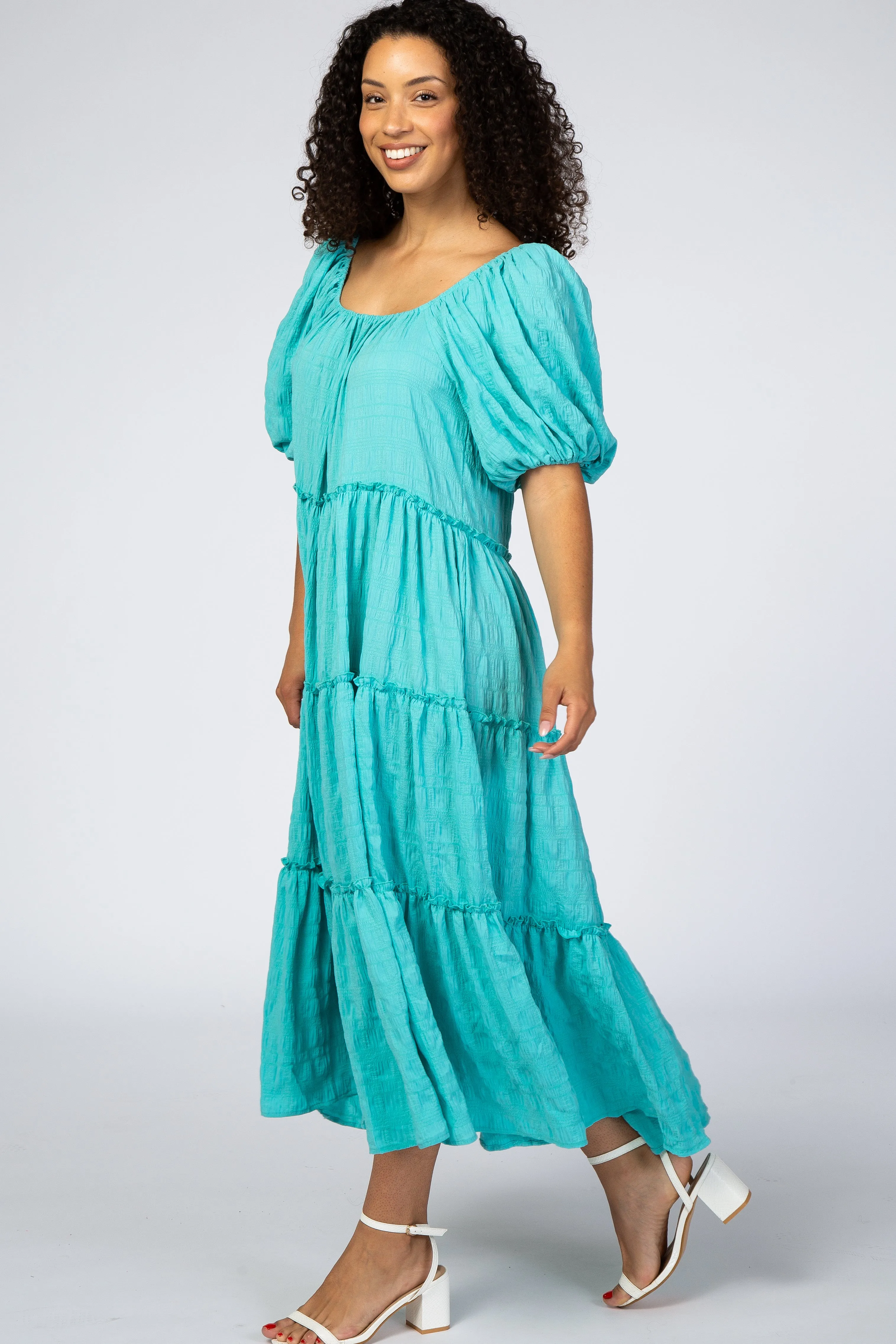 Aqua Textured Tiered Midi Dress