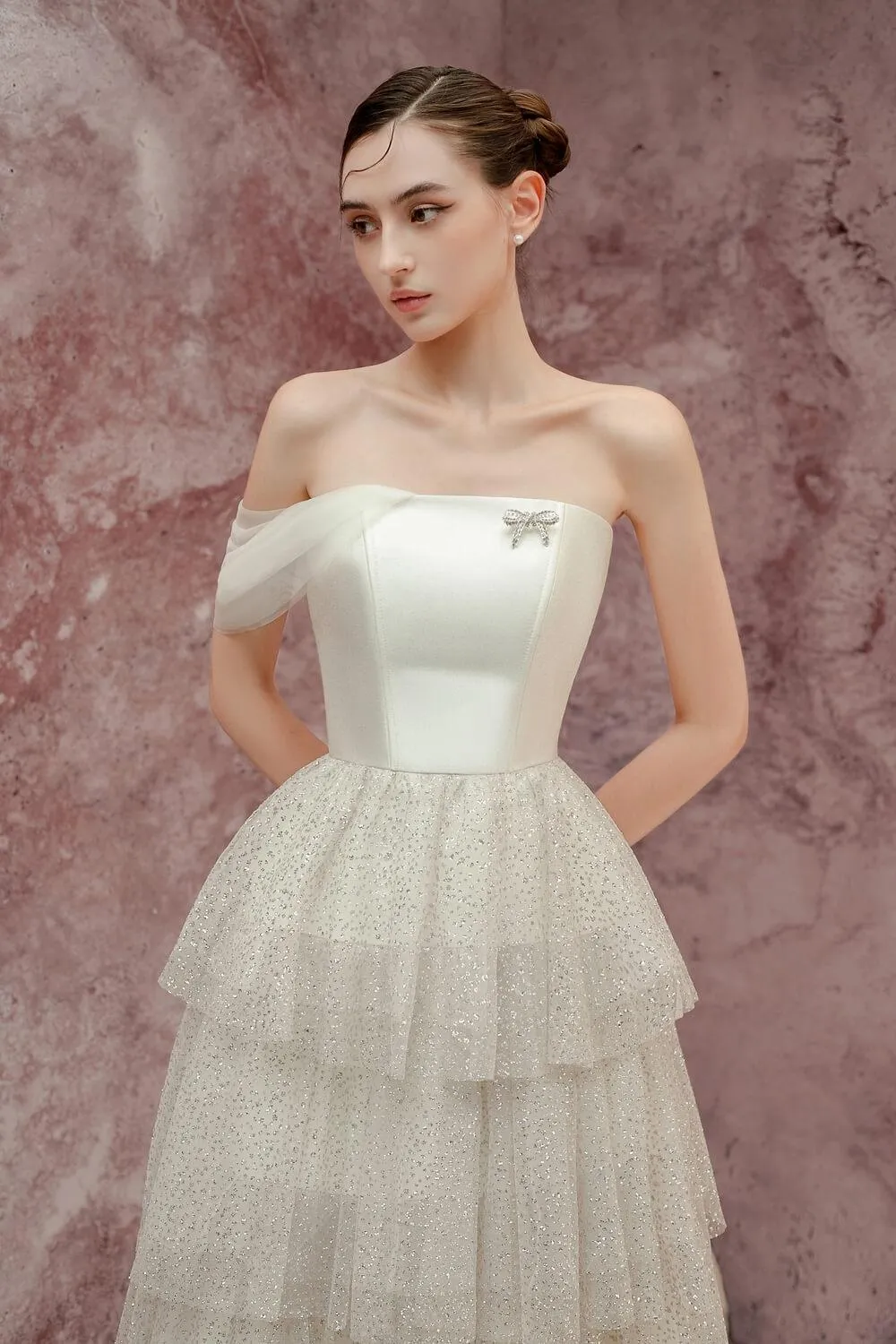 Astrid Layered Asymmetric Neck Taffeta Midi Dress