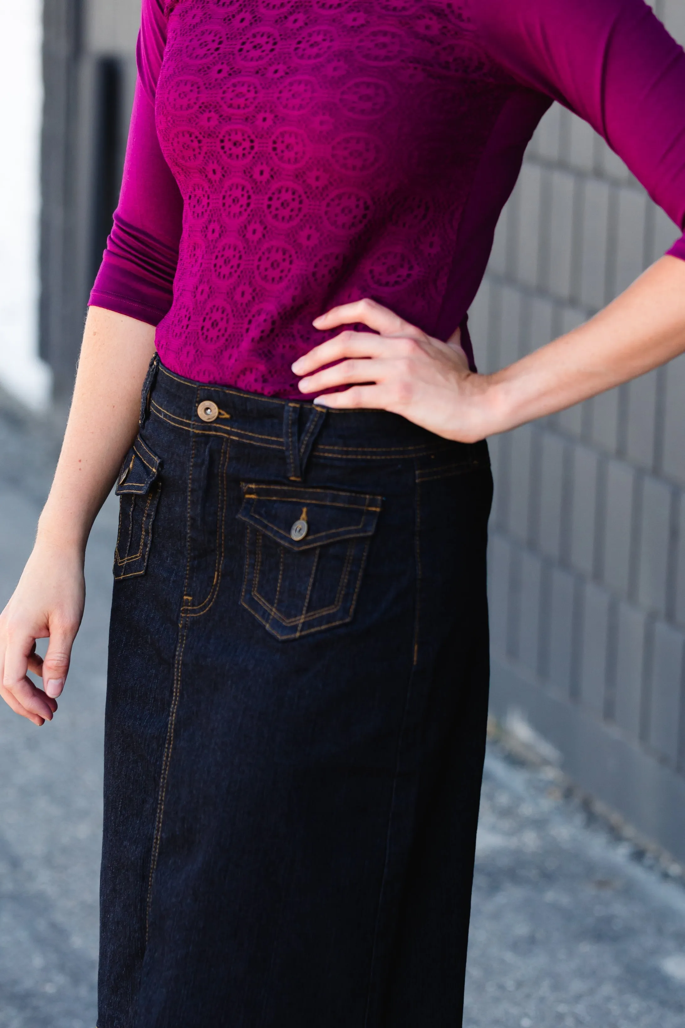 Black Denim Pocket Detail Midi Skirt - FINAL SALE