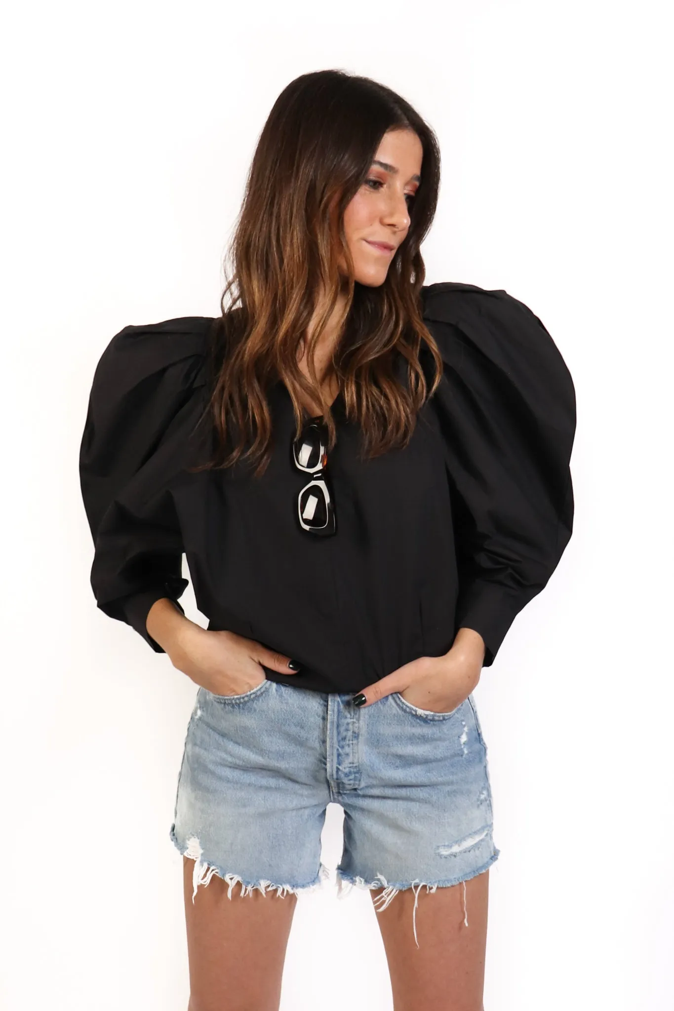 Black Exaggerated Shoulder Blouse