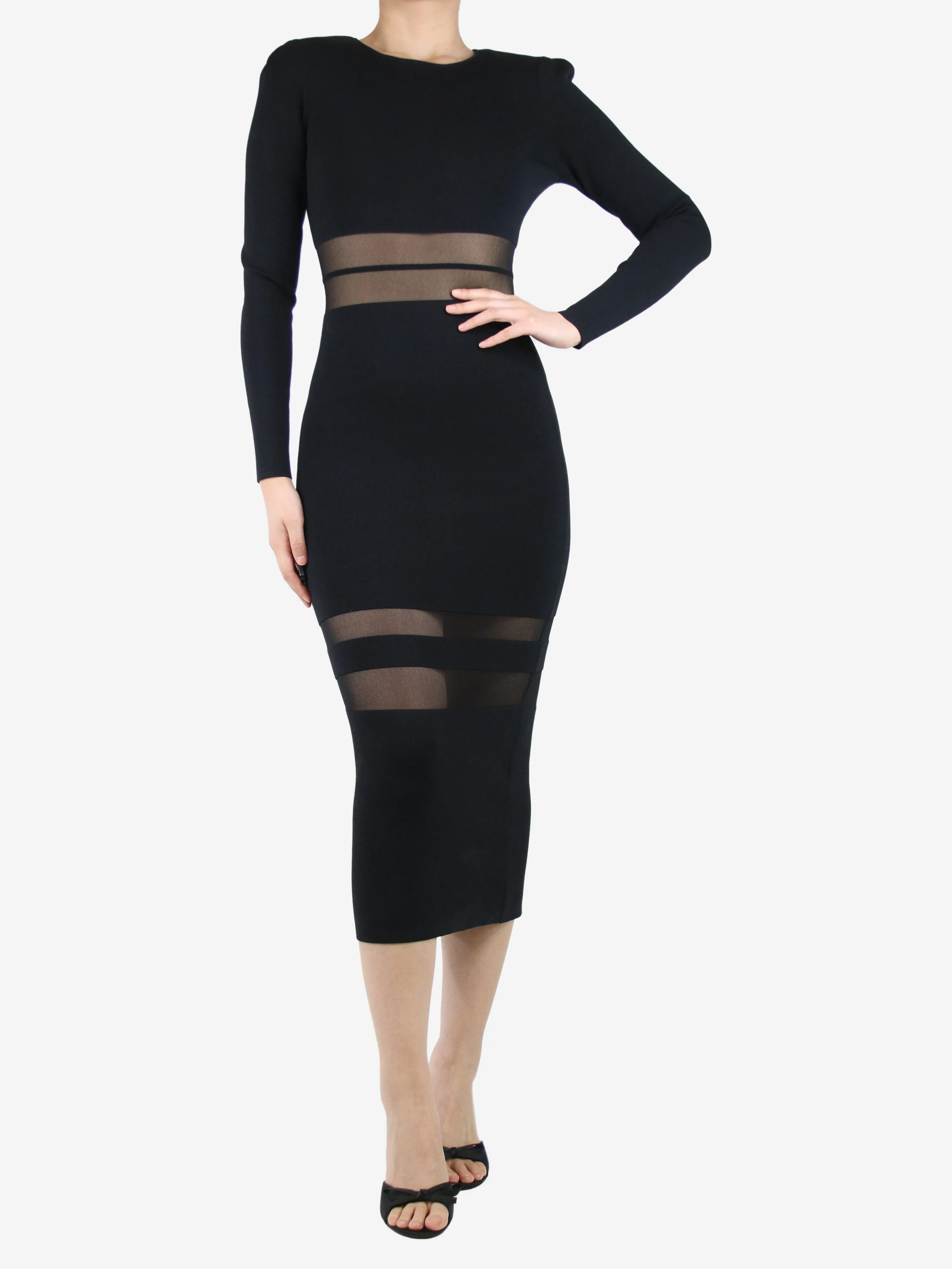 Black knit mesh-striped midi dress - size M