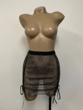 Black Lace-Up Crystal Mesh Mini Skirt