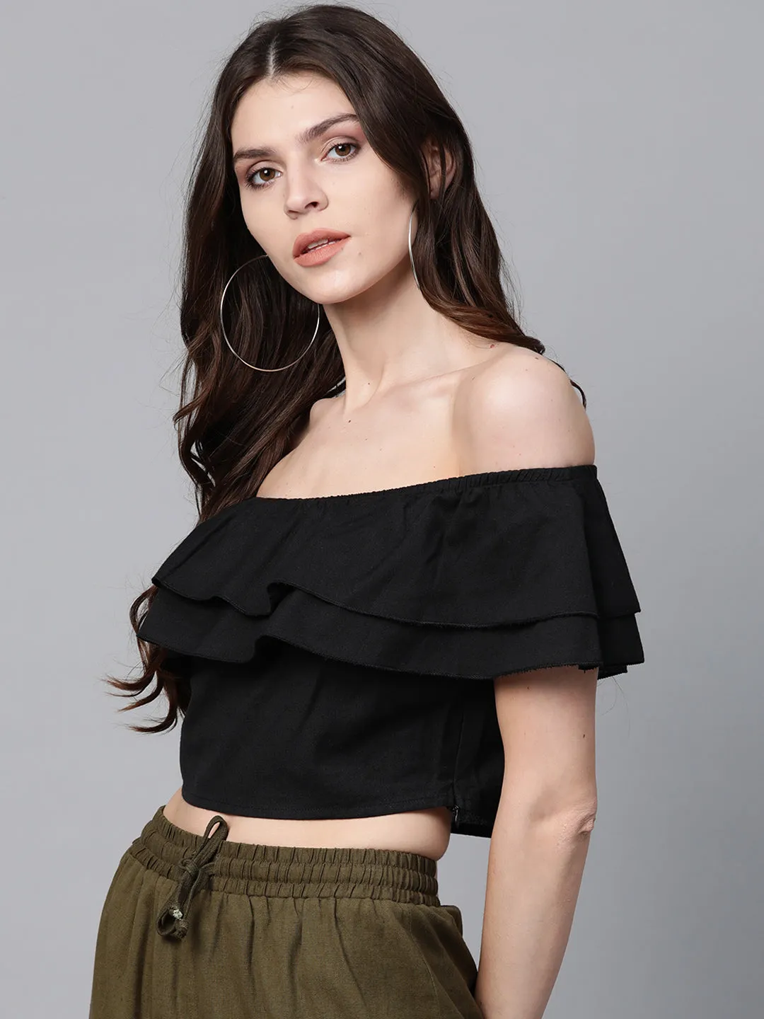 Black Off Shoulder Layer Crop Top