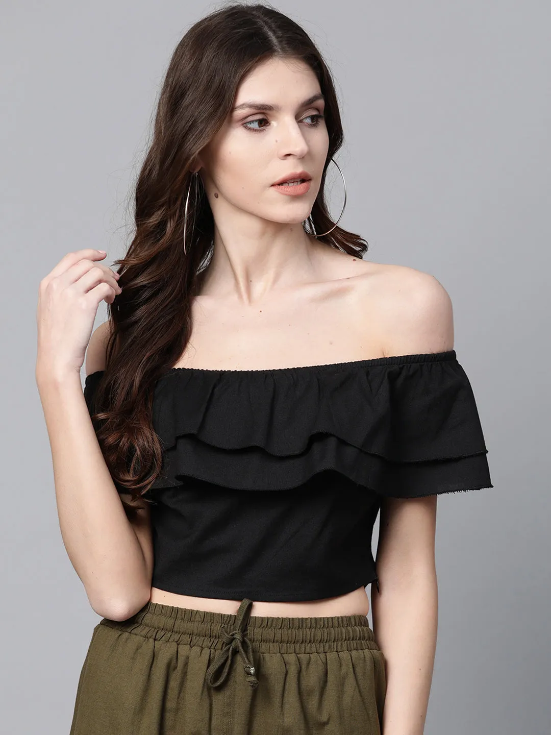 Black Off Shoulder Layer Crop Top