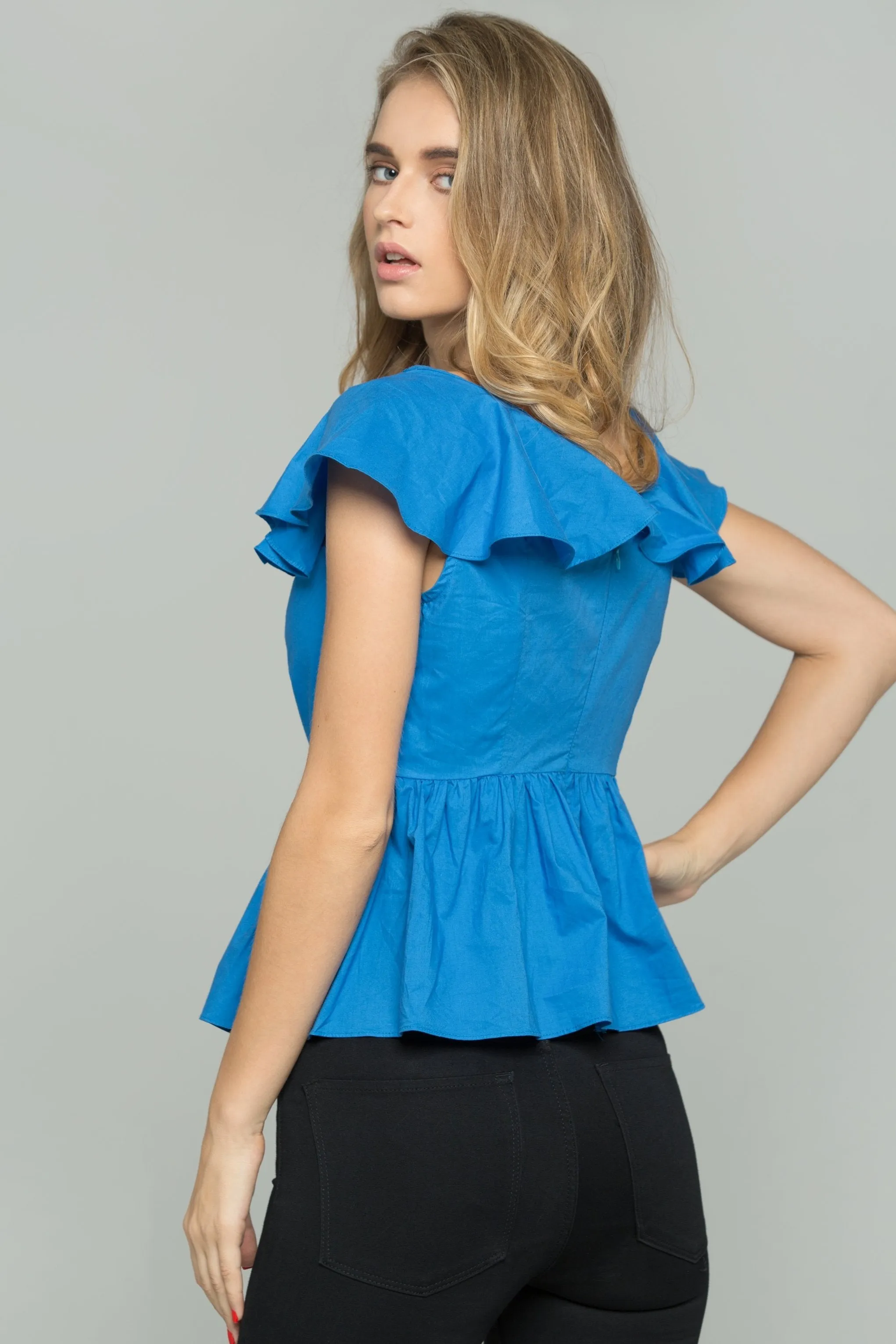 Blue Gathered Front Lace Off the Shoulder Top