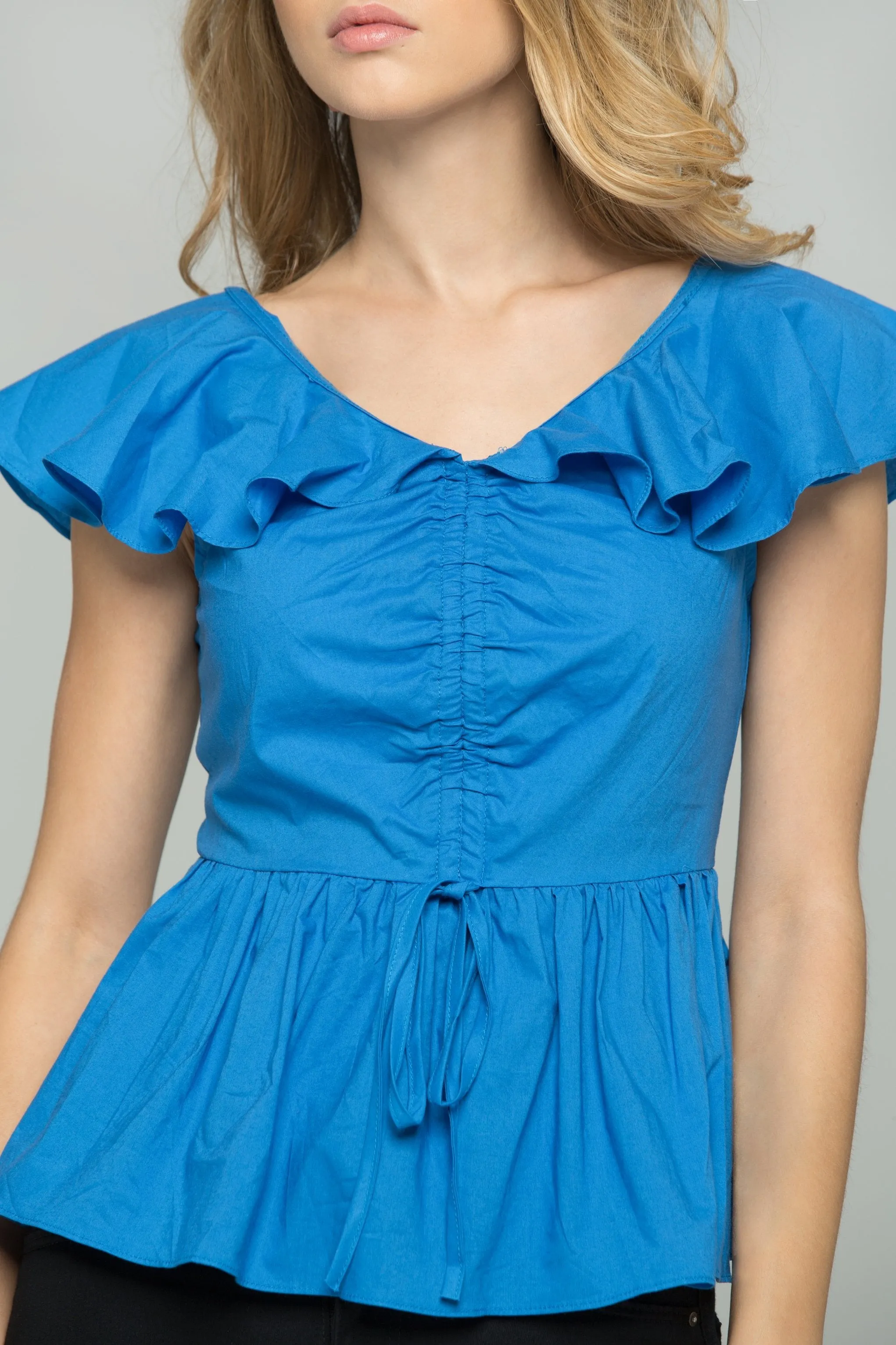 Blue Gathered Front Lace Off the Shoulder Top