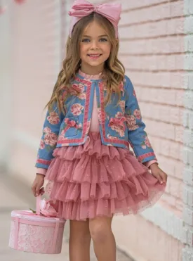 Blushing Blooms Matching Denim Blazer and Tutu Skirt Set