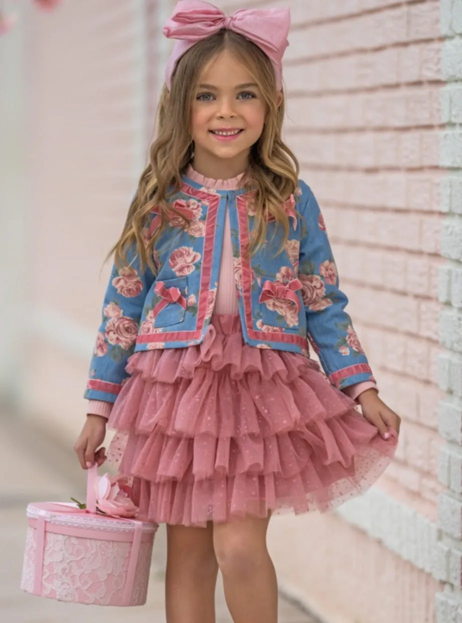 Blushing Blooms Matching Denim Blazer and Tutu Skirt Set