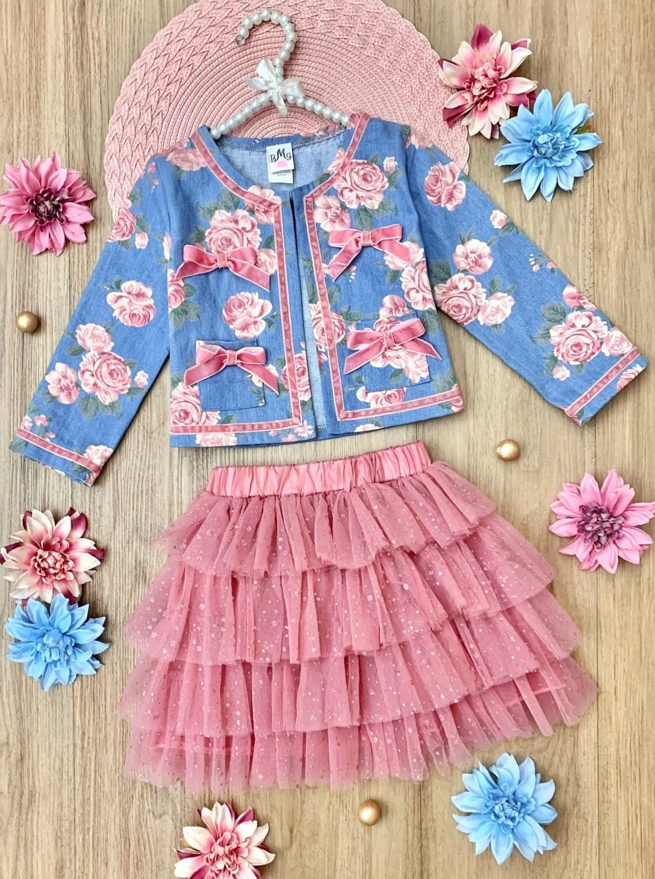 Blushing Blooms Matching Denim Blazer and Tutu Skirt Set