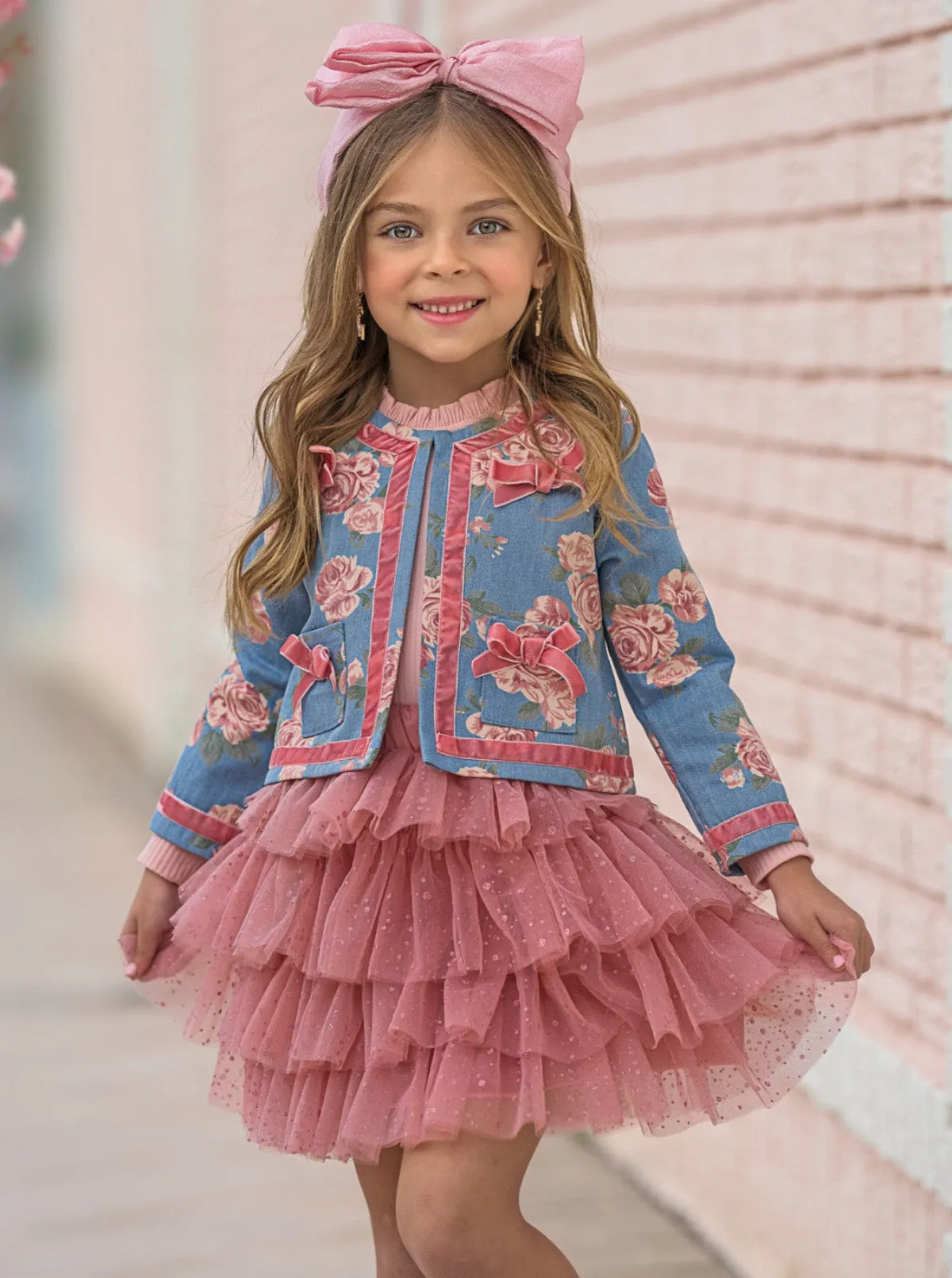 Blushing Blooms Matching Denim Blazer and Tutu Skirt Set