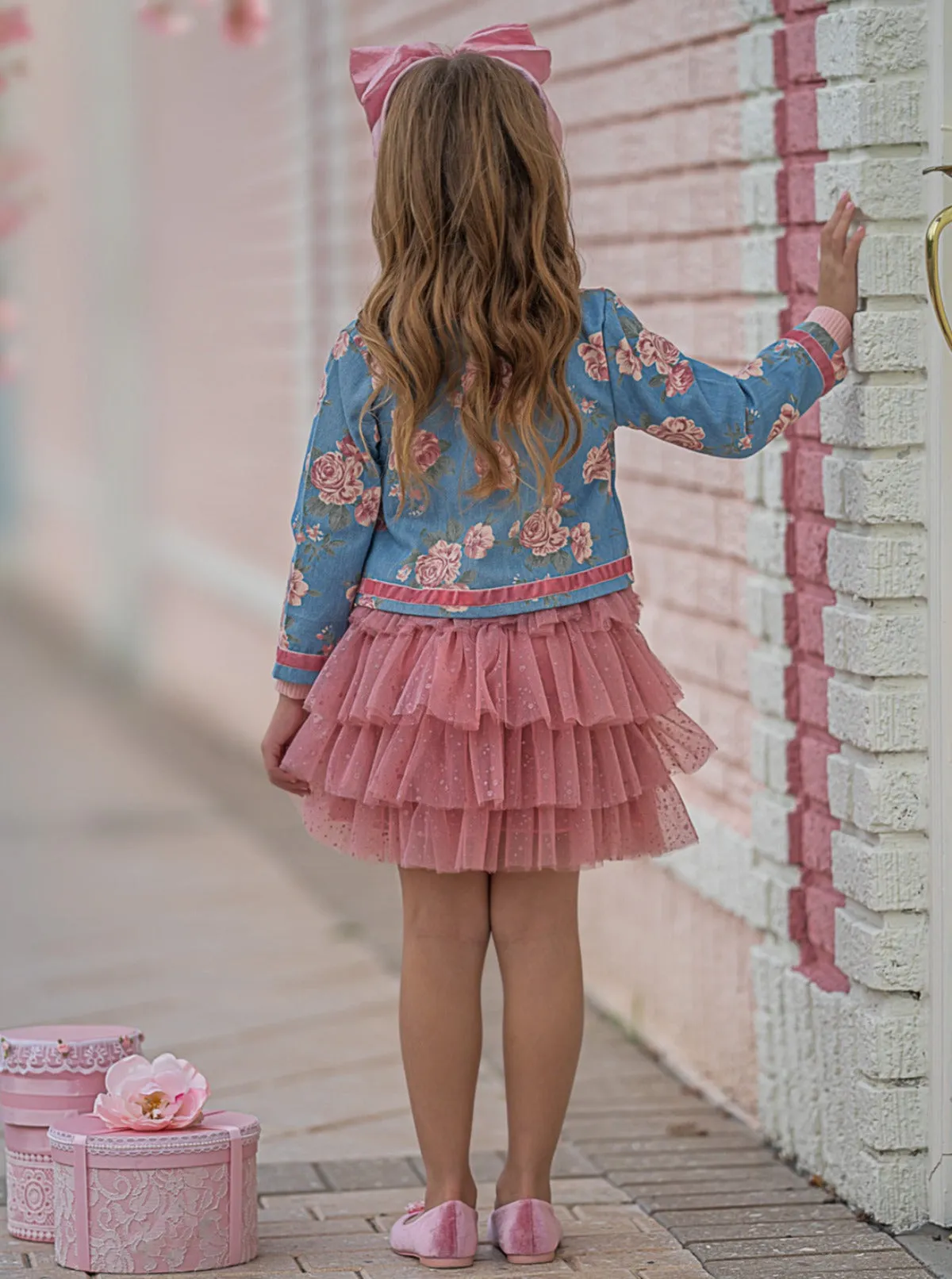 Blushing Blooms Matching Denim Blazer and Tutu Skirt Set