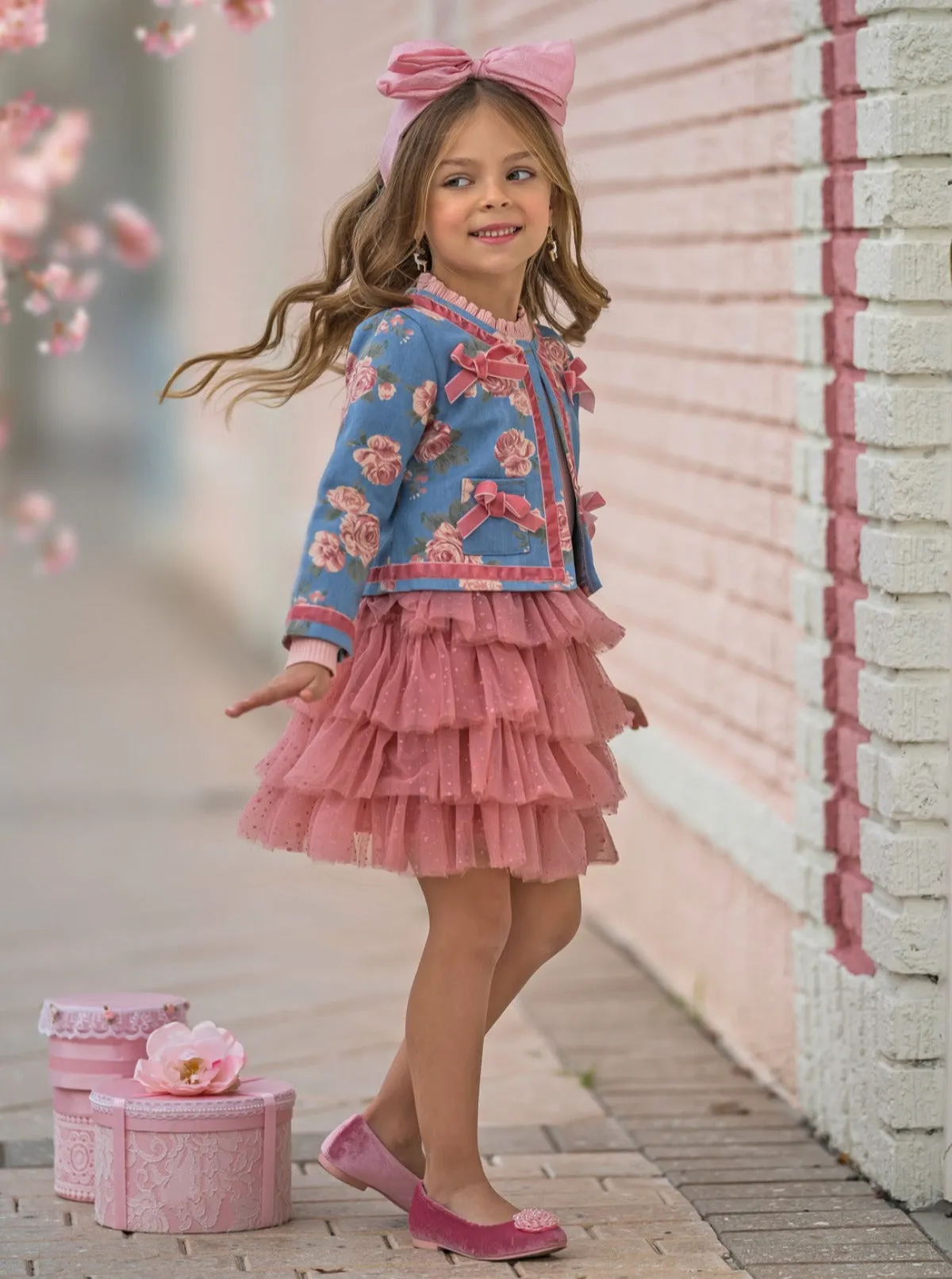 Blushing Blooms Matching Denim Blazer and Tutu Skirt Set