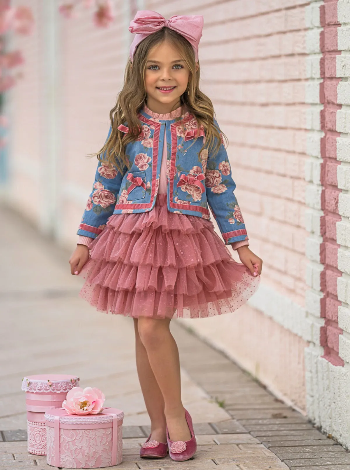 Blushing Blooms Matching Denim Blazer and Tutu Skirt Set