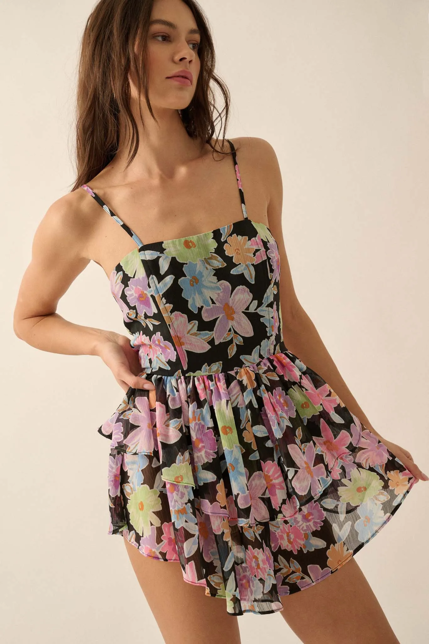 Brightly Blooming Floral Chiffon Tiered Romper