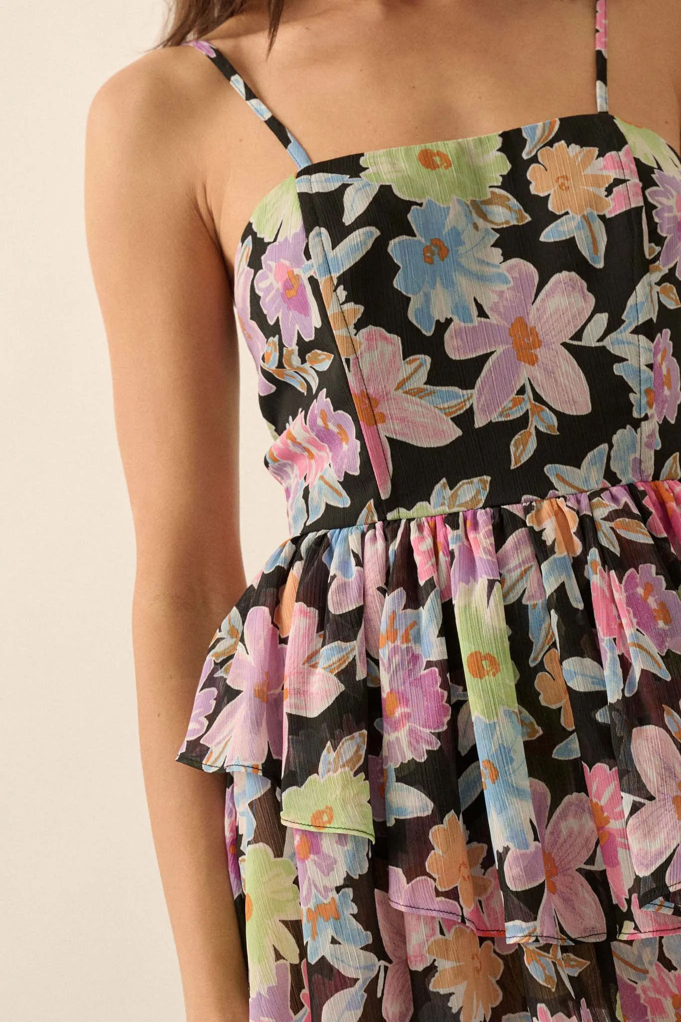 Brightly Blooming Floral Chiffon Tiered Romper