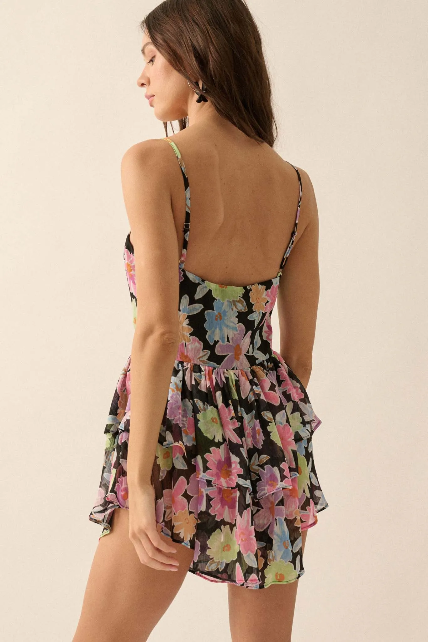 Brightly Blooming Floral Chiffon Tiered Romper