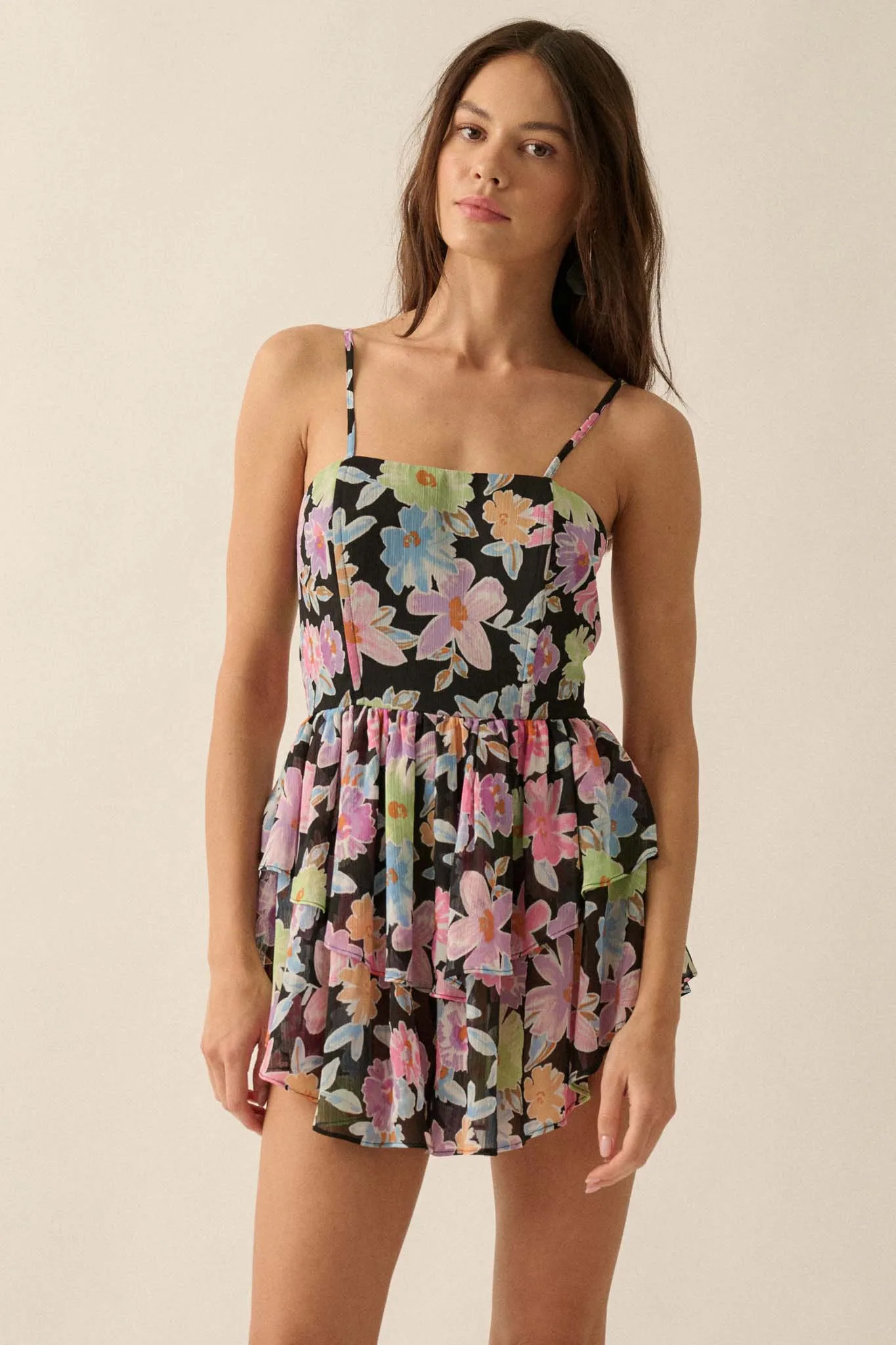 Brightly Blooming Floral Chiffon Tiered Romper