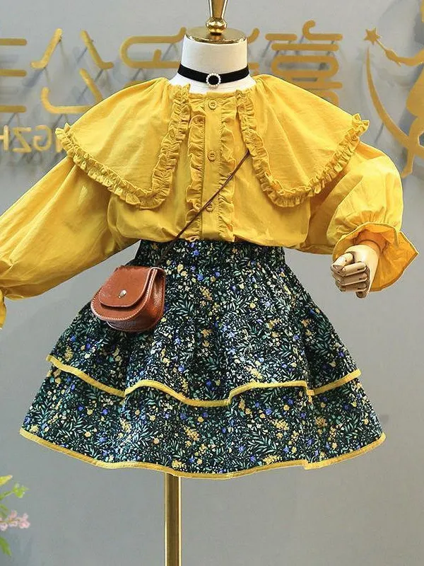 Calico Cuteness Ruffle Blouse And Tiered Skirt Set
