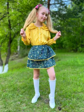 Calico Cuteness Ruffle Blouse And Tiered Skirt Set