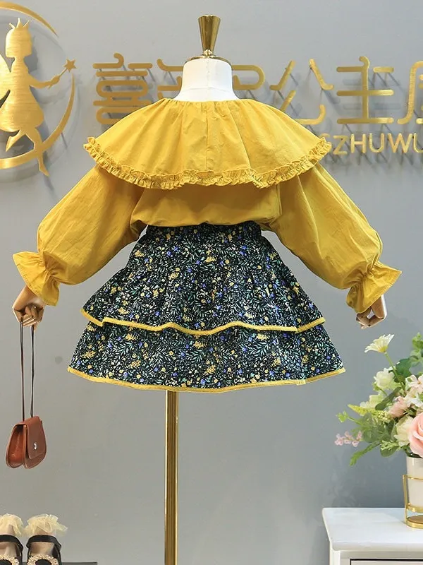 Calico Cuteness Ruffle Blouse And Tiered Skirt Set