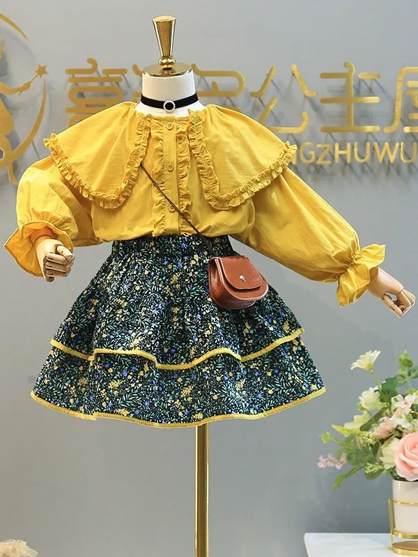 Calico Cuteness Ruffle Blouse And Tiered Skirt Set