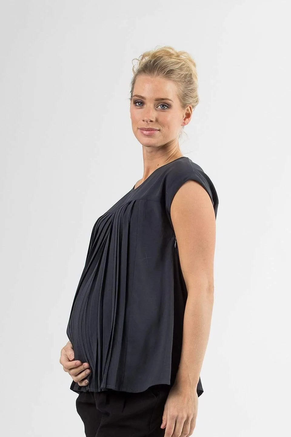 Cap Sleeves Breanne Pleats Nursing Top Dark Grey