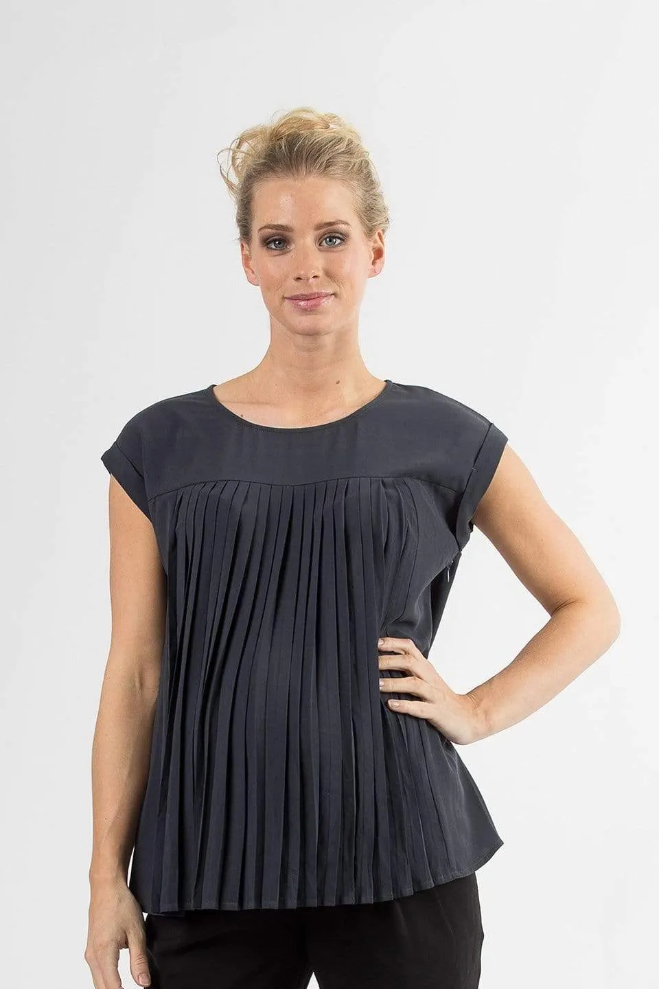 Cap Sleeves Breanne Pleats Nursing Top Dark Grey
