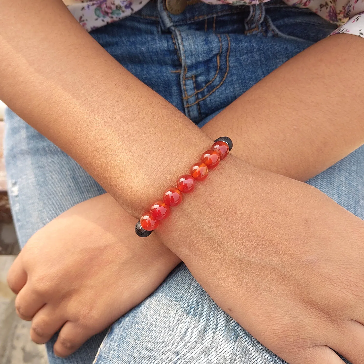 Certified Red Carnelian 8mm Bracelet With Lava Stone