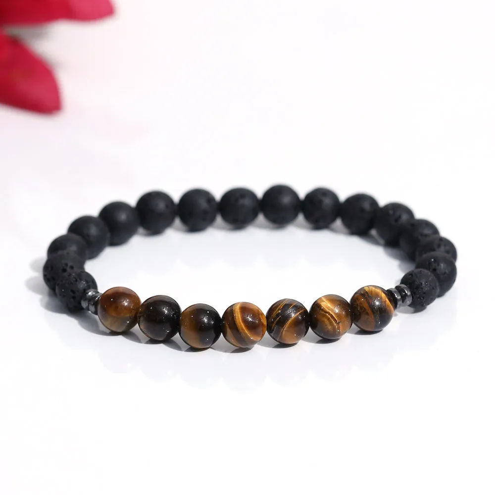 Certified Tiger Eye 8mm Natural Stone Bracelet With Lava Stone