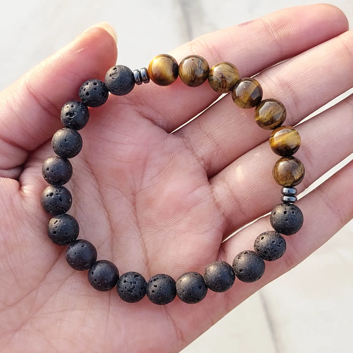 Certified Tiger Eye 8mm Natural Stone Bracelet With Lava Stone