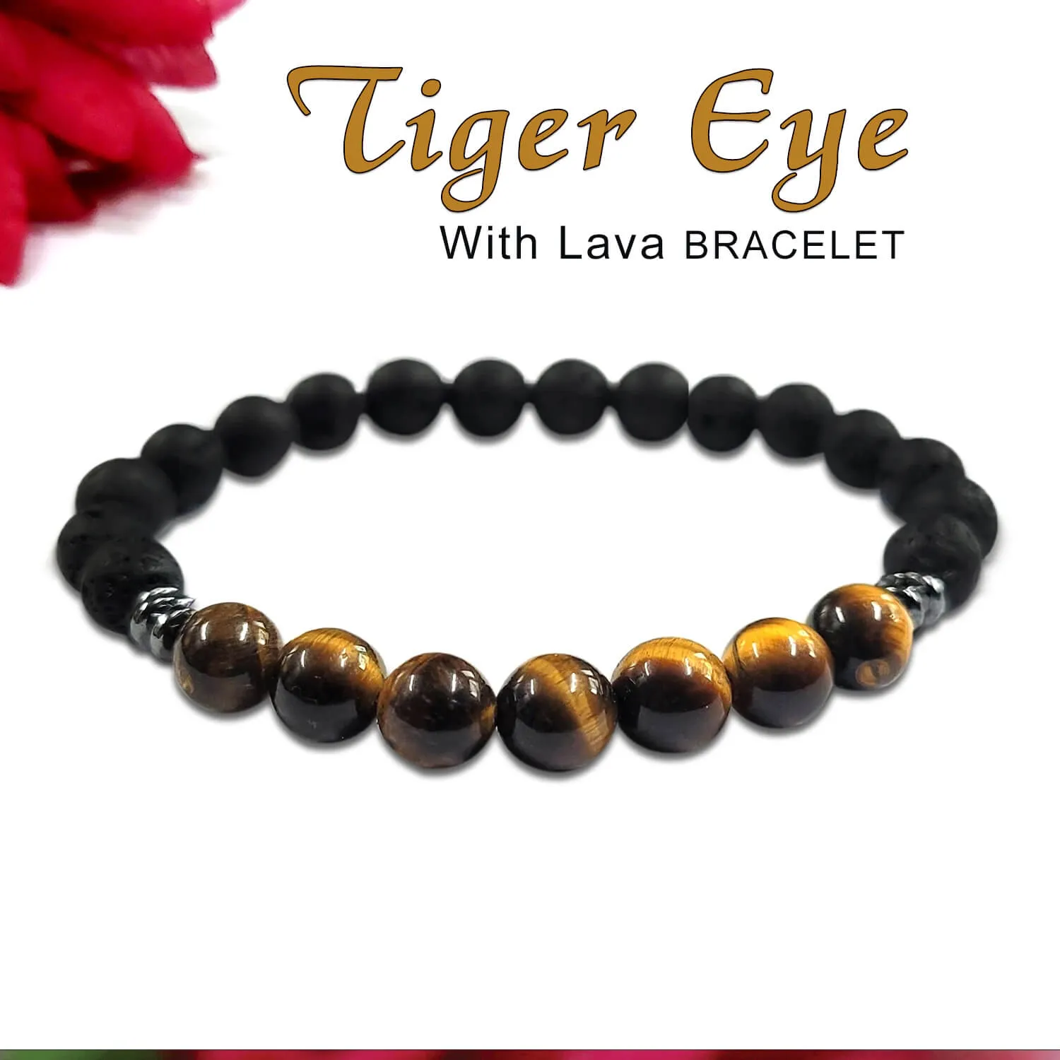 Certified Tiger Eye 8mm Natural Stone Bracelet With Lava Stone