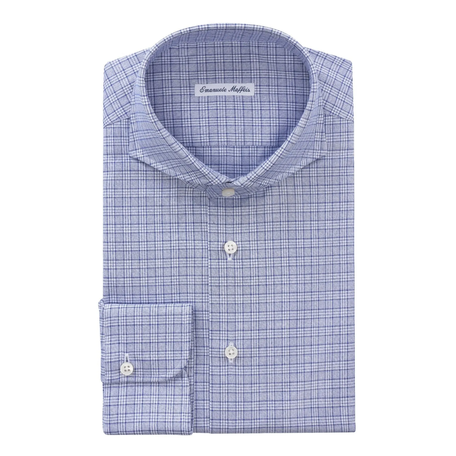 Checked Cotton Blue Shirt with Shark Collar