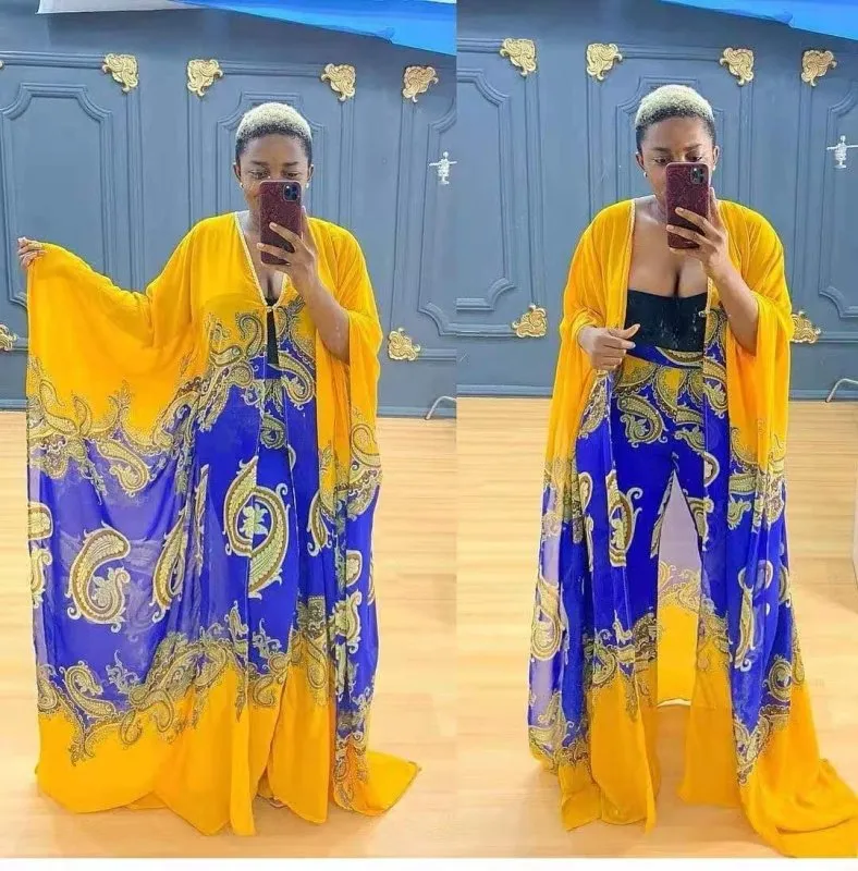 Chiffon cardigan loose pants two-piece set African robe