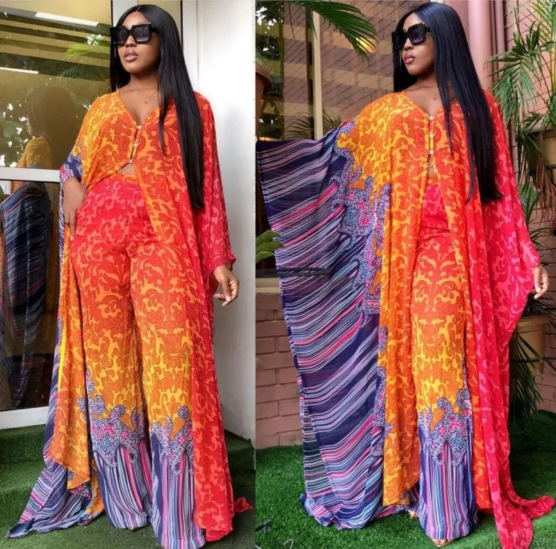 Chiffon cardigan loose pants two-piece set African robe