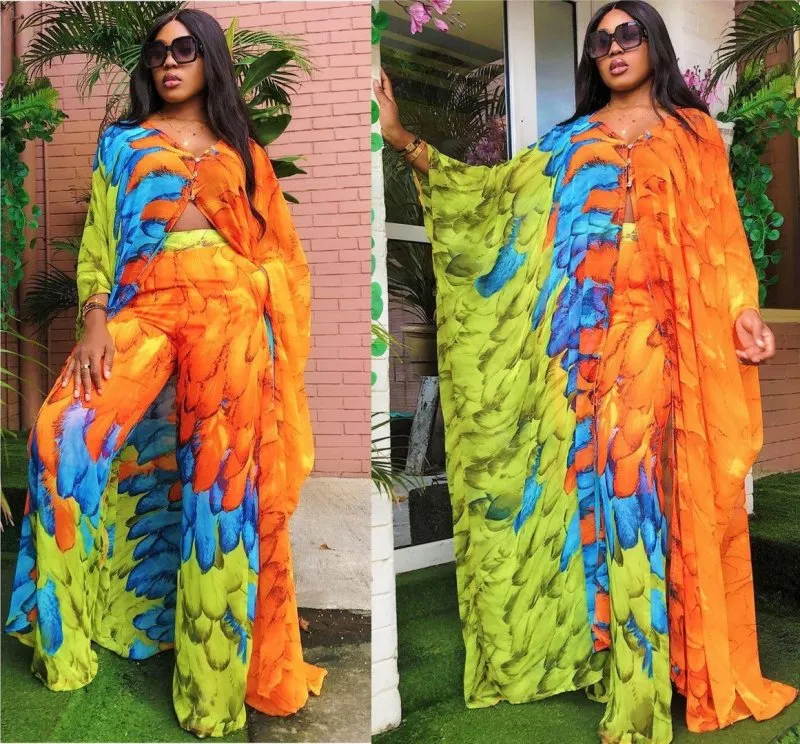 Chiffon cardigan loose pants two-piece set African robe