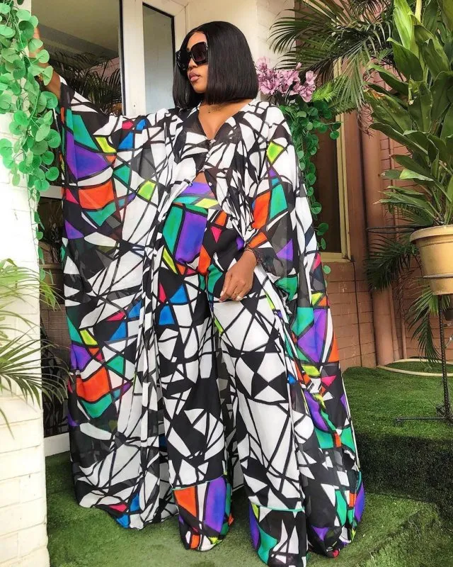 Chiffon cardigan loose pants two-piece set African robe