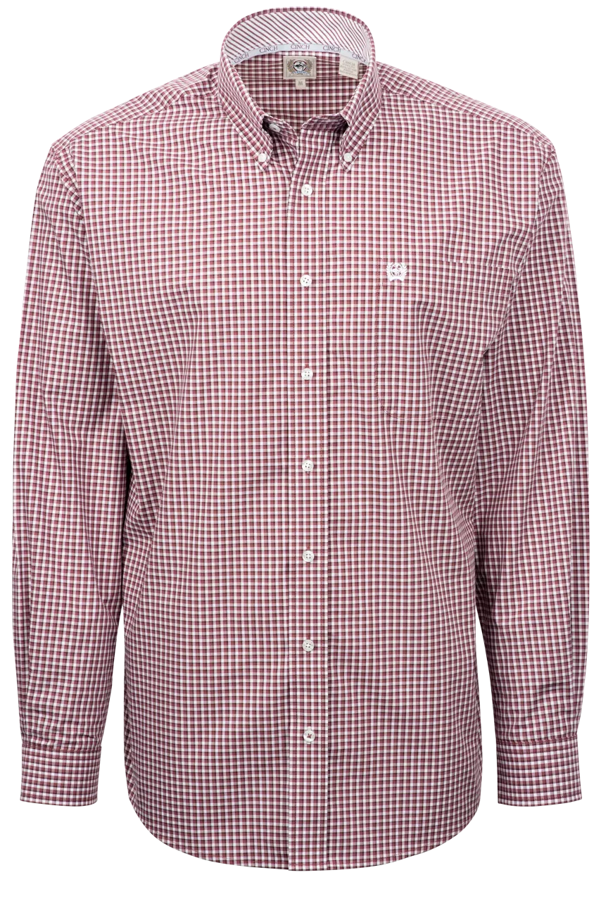 Cinch Checked Button-Front Shirt - Burgundy