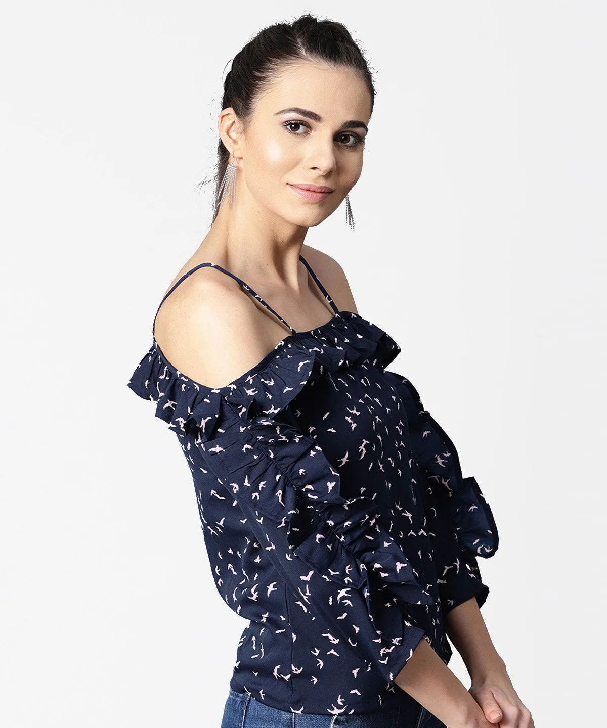 Cold Shoulder Navy Blue Printed Draw String Top With Ruffled Neck & Sleeve