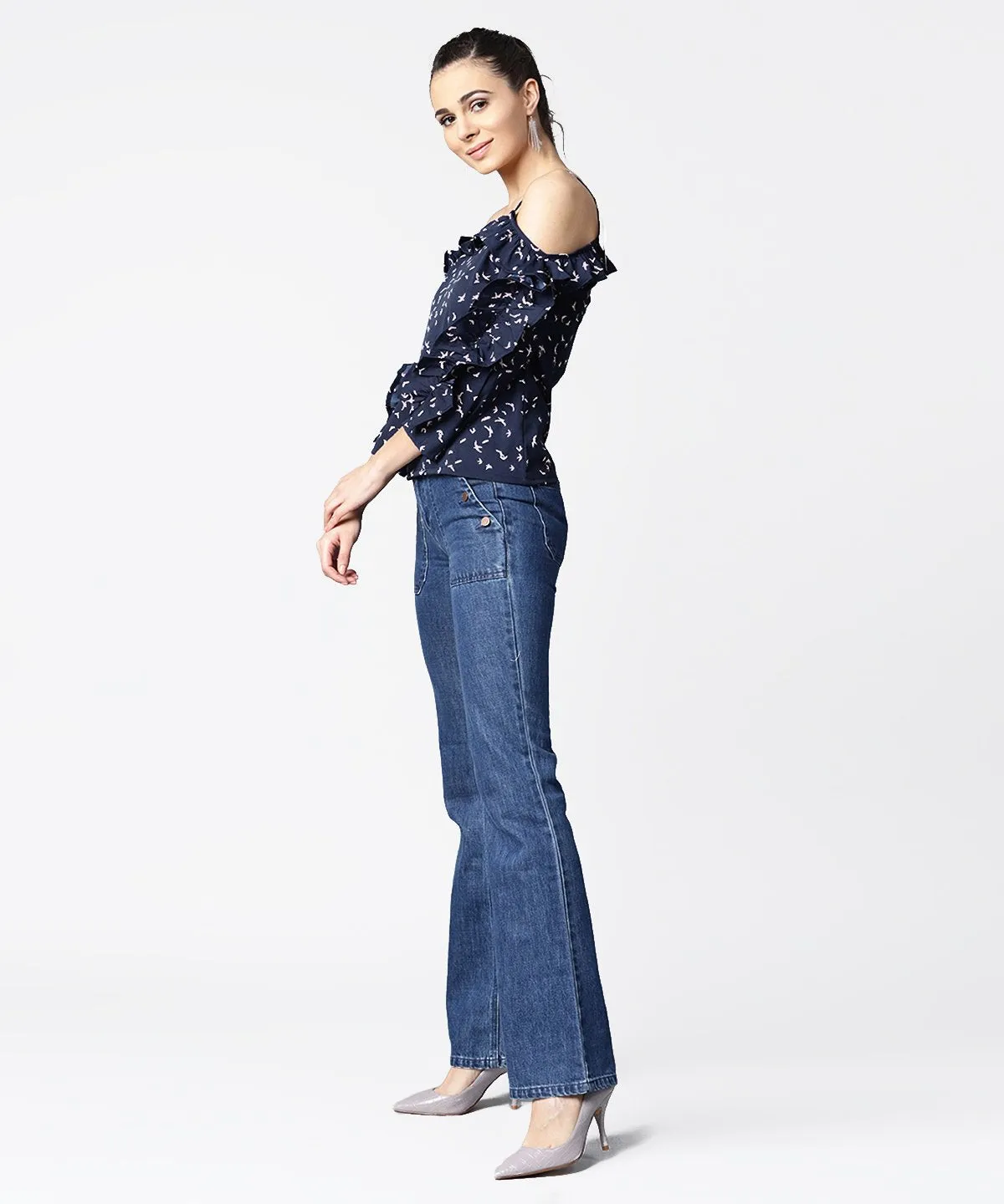 Cold Shoulder Navy Blue Printed Draw String Top With Ruffled Neck & Sleeve