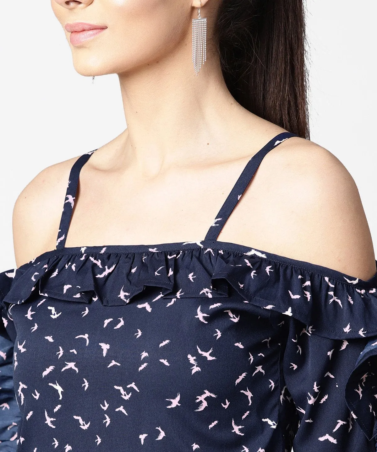 Cold Shoulder Navy Blue Printed Draw String Top With Ruffled Neck & Sleeve